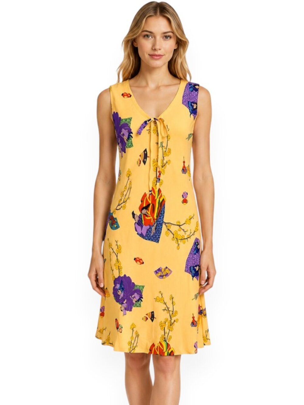 Sharon Max Vintage Yellow Colorful Floral Asian Geisha Insp Print Dress New M